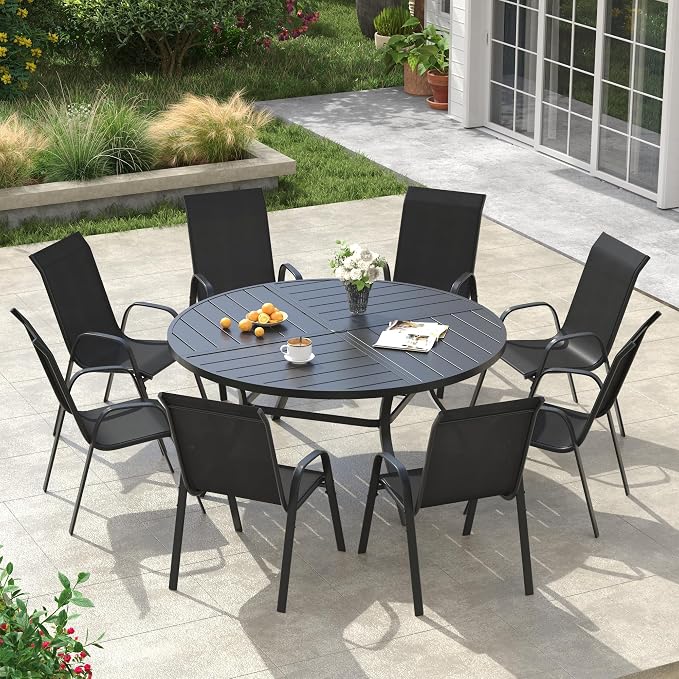 VICLLAX Round Outdoor Patio Dining Set for 8, Metal Slatted Patio Table with Umbrella Hole and 8 Stackable Patio Chairs for Deck Lawn Garden, Black Fabric and Black Tabletop