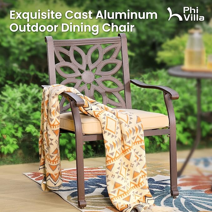PHI VILLA 7 Pieces Outdoor Cast Aluminium Dining Set for 6, 54" Round Patio Table with Umbrella Hole & Heavy-Duty Chairs with Cushions, Large Outside Furniture Set for Deck, Porch, Backyard - Brown