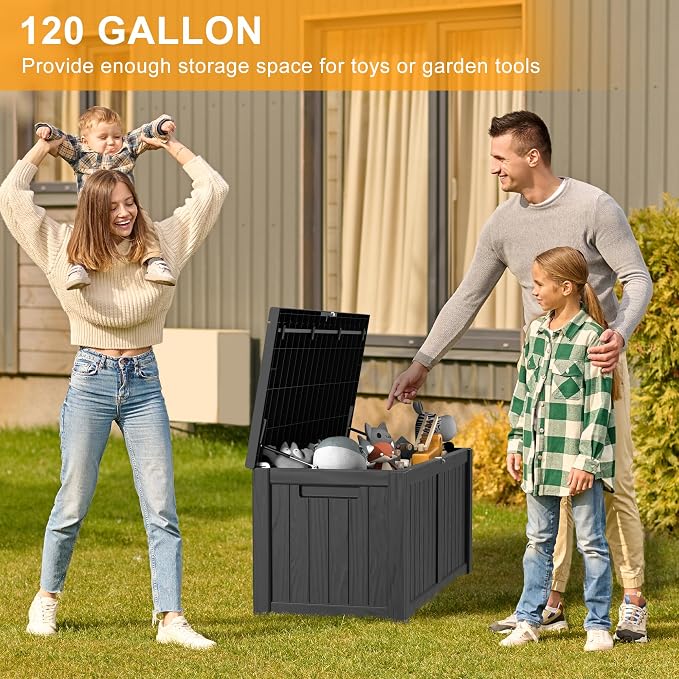 Resin Deck Box, Lockable Patio Outdoor Storage Box for Furniture, Garden Tools and Tools Storage, Waterproof Outside Storage Boxes (Black, 120 Gallon)