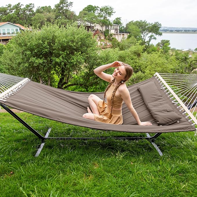 SUNCREAT Double Outdoor Hammock with Stand Included, 475 lbs Capacity, Hammock Stand Carrying Bag Storage Bag
