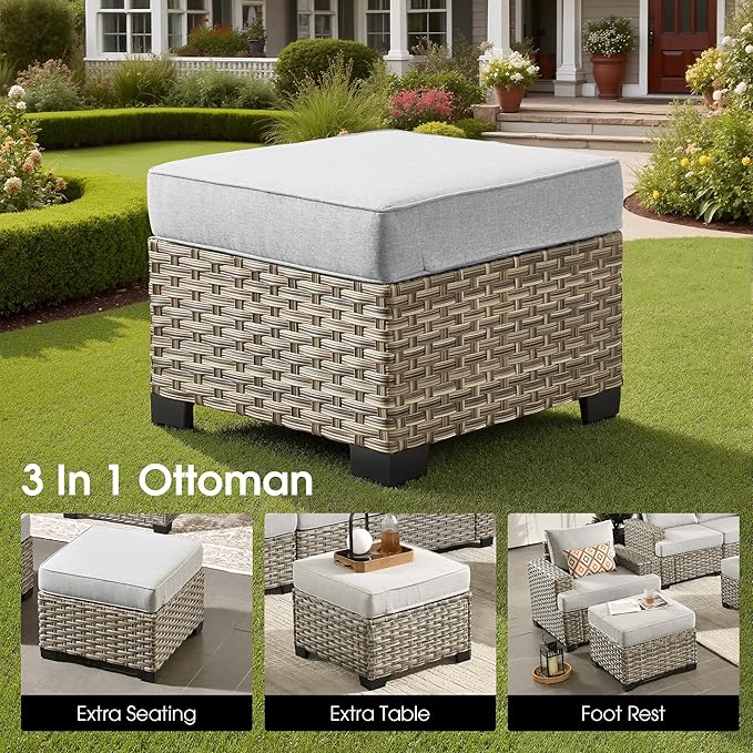 Rattan Patio Furniture Set with Fire Pit Table,9 Pieces Outdoor Sectional with Swivel Chairs Ottoman,Out Door Furniture Conversation Set,Light Grey