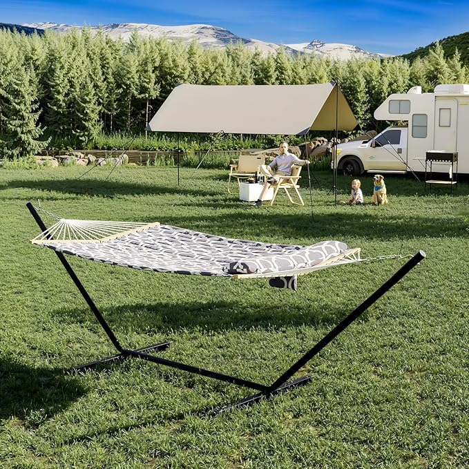 2 Person Hammock with Stand, Foldable Steel Frame Heavy Duty 450lb Capacity, Portable Polyester Fabric Hammocks for Backyard Patio Camping, Carrying Bag and Side Pocket Included