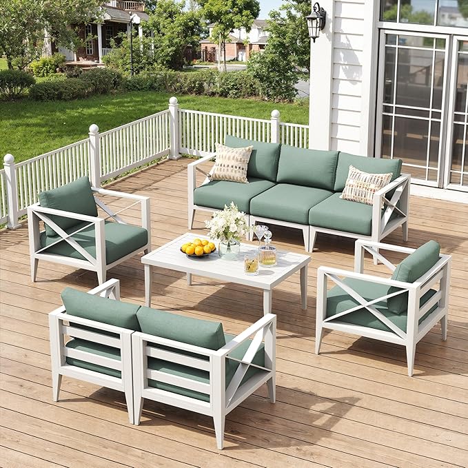 8-Piece Aluminum Patio Furniture Set, Oversized Outdoor Conversation Sofa Set with Coffee Table, White All-Weather Deep Seating, Rust-Proof Frame for Backyard, Deck, Porch, or Balcony