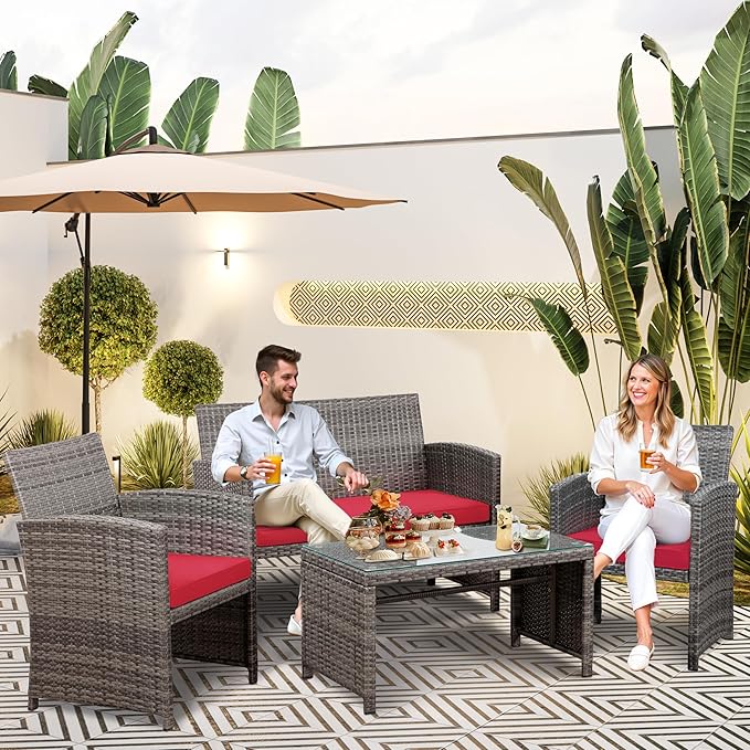 SUNLEI 4 Pcs Outdoor Patio Furniture Sets, Rattan Chair Wicker Conversation Set, Backyard Porch Garden Poolside Gray Rattan Sofa Chair with Cushion for Outdoor Indoor Use (Red)