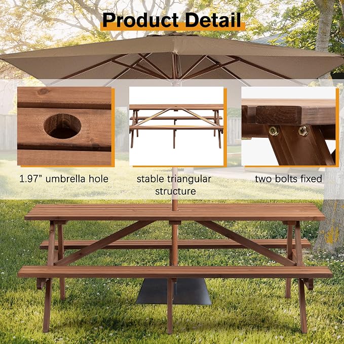 75" Wood Rectangular Picnic Tables with Benches and Umbrella Hole, Classic Picnic Table Bench Set for 6 or 8 Person for Outdoors, Backyard, Porch, Patio, and Deck, 2220lb Capacity,Walnut Brown