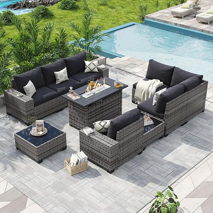 Aoxun Patio Furniture Sets with 44'' Fire Pit, 10 Pcs Outdoor Patio Coversation Set with 4'' Thicken Cushion, Widen Armrests Wicker Outdoor Sectional for Backyard (Include Waterproof Cover)