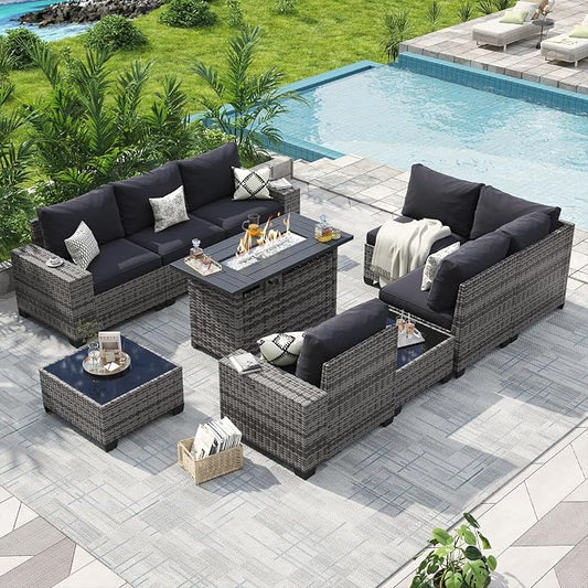 Aoxun Patio Furniture Sets with 44'' Fire Pit, 10 Pcs Outdoor Patio Coversation Set with 4'' Thicken Cushion, Widen Armrests Wicker Outdoor Sectional for Backyard & Garden, Black