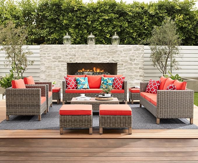 9 Pieces Patio Furniture Sets All Weather Reinforced Wicker Rattan Sectional Sofa with Metal Top Coffee Table Outdoor Furniture Conversation Set for Porch, Poolside, Garden, Backyard, Red