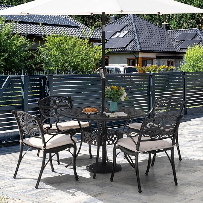 NUU GARDEN 5 Piece Cast Aluminum Outdoor Patio Dining Set, Round Patio Dining Table with 2.24" Umbrella Hole and 4 Patio Dining Chairs with Cushions for Garden, Balcony, Bronze and Beige