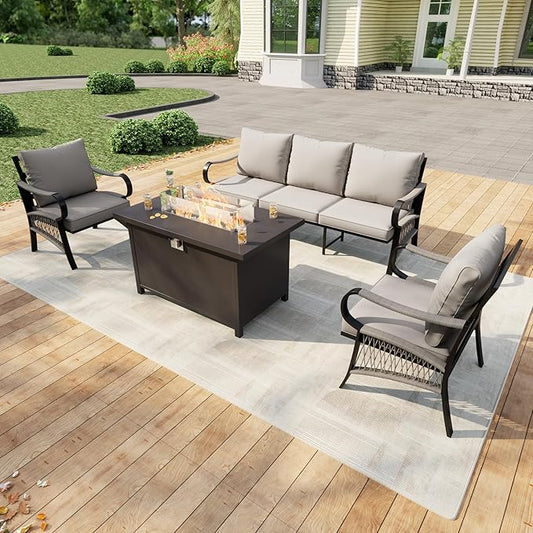 4 Pieces Outdoor Patio Conversation Sets, Outdoor Furniture Set Metal 3-Seater, 2 Single Chairs, Fire Pit Table for Backyard Deck Porch Poolside, Beige