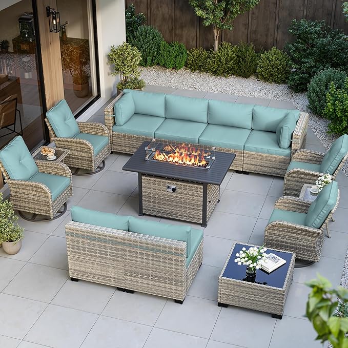 14-Piece Outdoor Patio Furniture Set with Rocking Swivel Chair, Wicker Rattan Sectional Sofa Conversation Set with 55,000 BTU Fire Pit Table, Backyard Furniture, Light Blue