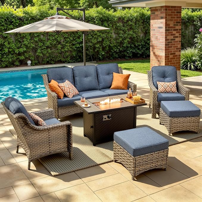 6 Piece Patio Furniture Set with Fire Pit Table, Outdoor Wicker High Back Sofa Chairs Ottoman with Comfy Cushions, Modern Conversation Sets for Backyard Deck Garden Poolside, Denim Blue