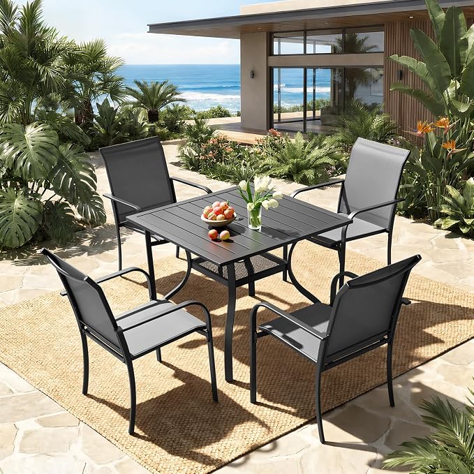 5-Piece Patio Dining Set,4 Person Outdoor Table and Chairs Set, 4 Metal Dining Chairs and Square Outdoor Table with 1.57" Umbrella Hole,Grey