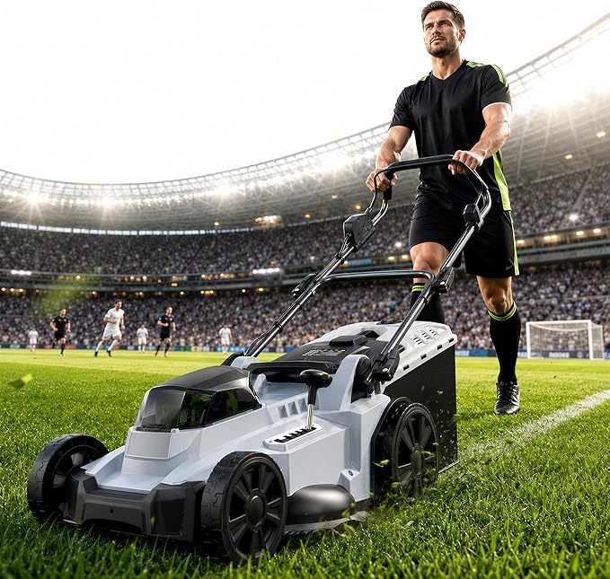 40V Cordless Lawn Mower, 17" Walk Behind Electric 4.0 Ah Battery Powered Lawnmower, with 50L Grass Bag, Brushless Motor, 6 Adjustable Cutting Heights, for Garden/Patio/Yark/Lawn - White