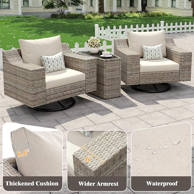 LUXOAK Outdoor Glider Rocking Chair, Wicker 360° Swivel Patio Chairs with 6" Wide Armrests, All-Weather PE Rattan Single Sofa Seat with Thick Cushions, for Porch/Deck/Garden/Backyard