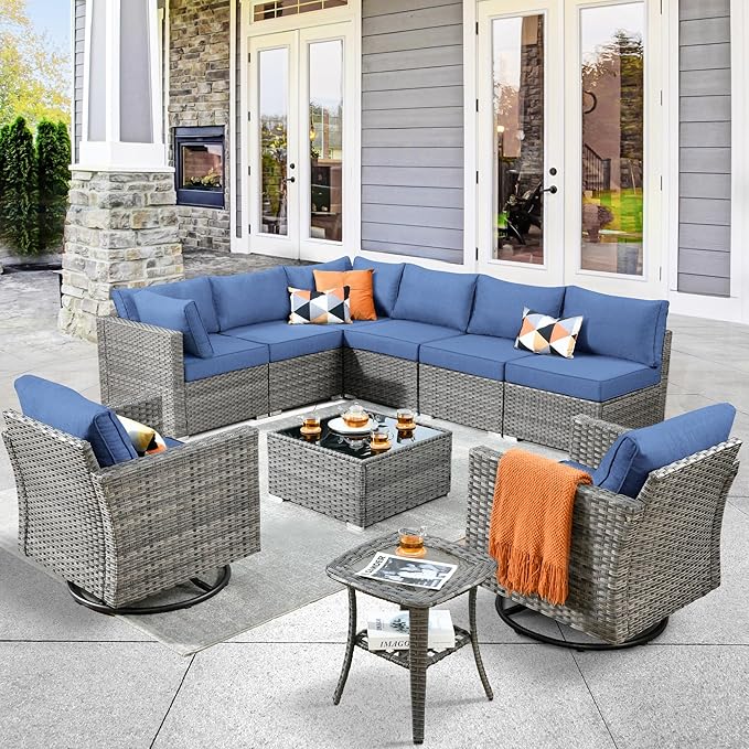 ovios Outdoor 10 Piece Coversation Set with Swivel Rocking Chair,Sectional Patio Furniture Set with All-Weather Wicker Sofa,Modern Outside Couch for Balcony Backyard Pool, Blue