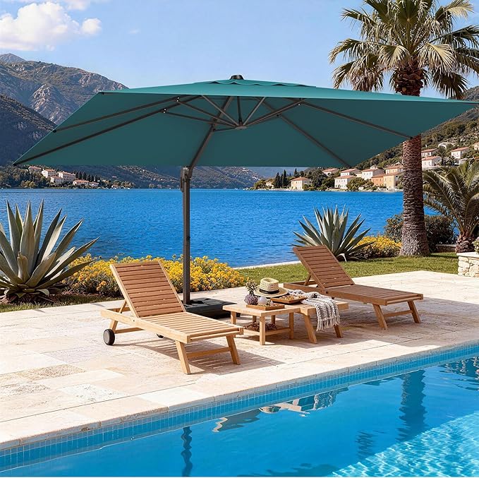 9' X 12' Cantilever Patio Umbrella Rectangle Outdoor Umbrella, 6-Level Tilt & 360° Rotation Offset Umbrella for Garden, Deck, Pool (Turquoise)