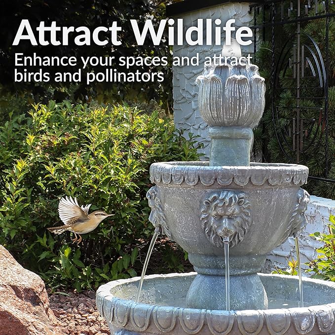 Sunnydaze Lion Head 53-Inch 3-Tier Outdoor Water Fountain with Electric Submersible Pump for Patio, Yard, or Deck
