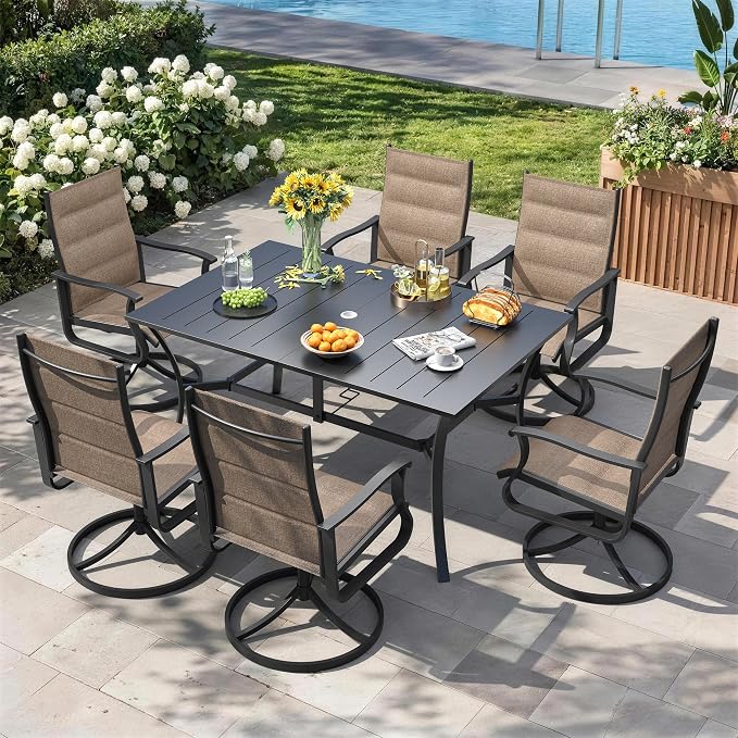 7 Pieces Patio Dining Set, Padded Patio Outdoor Furniture Set of 6 Patio Swivel Dining Chairs and Patio Spliced Rectangular Tabletop with Umbrella Hole, for Deck, Backyard, Poolside & Garden