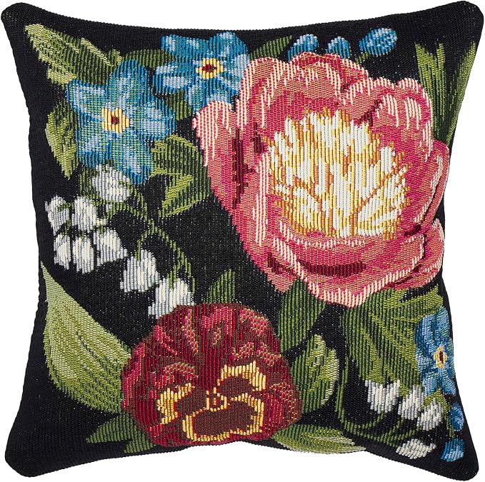 Liora Manne MARINA Indoor/Outdoor Power Loomed Easy Care Pillow - Traditional Graphic Botanical Floral Accent (Secret Garden Black) (12" x 18")