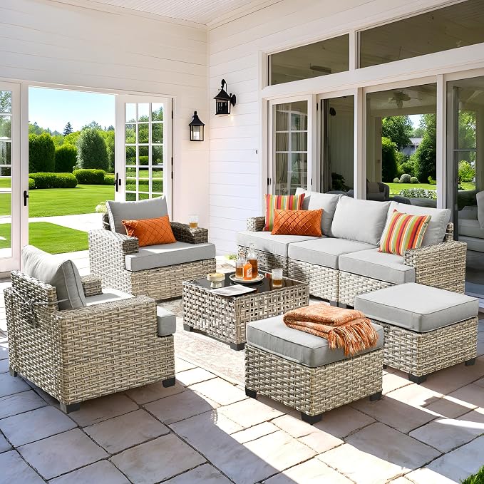 8 Pcs Outdoor Sectional Patio Furniture Set with Ottomans - All Weather Wicker Modular Outside Sectional Couch,Patio Seating Outdoor Conversation Sets for Deck Yard Garden,Grey