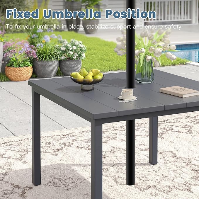 DIFY 5 Pieces Outdoor Dining Set, Metal Patio Table and Chairs Set for 4, 40.2" Square Dining Table with Umbrella Hole & Wicker Swivel Patio Chairs with Cushions, Grey Tabletop