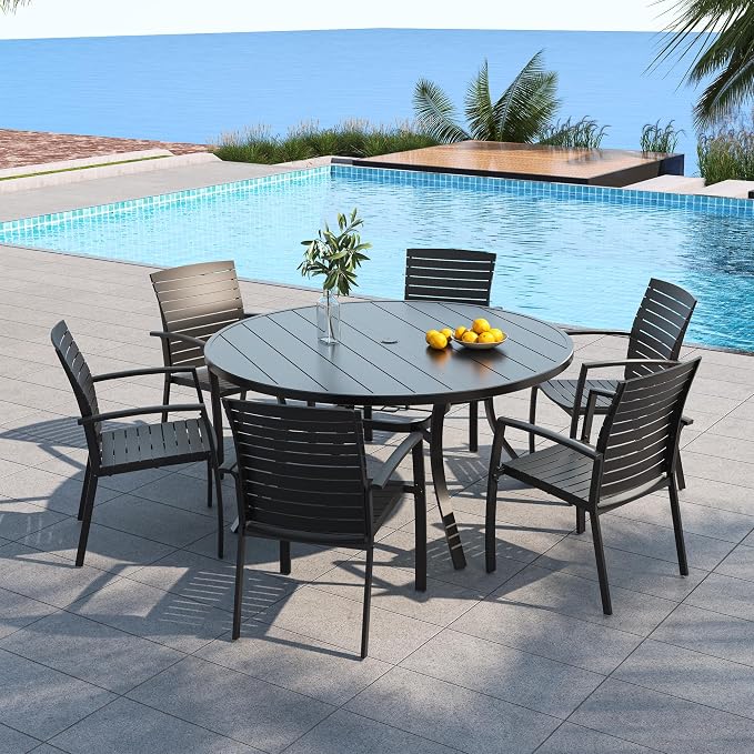 Outdoor Patio 58" Round Table and Aluminum Resin Chairs Dining Set of 7 | Aluminum Frame Chairs, Resin Chair Seat, Resin Chair Back, 6 Piece Stackable Chairs, 1 Piece Black Metal Table, 6 Person Set