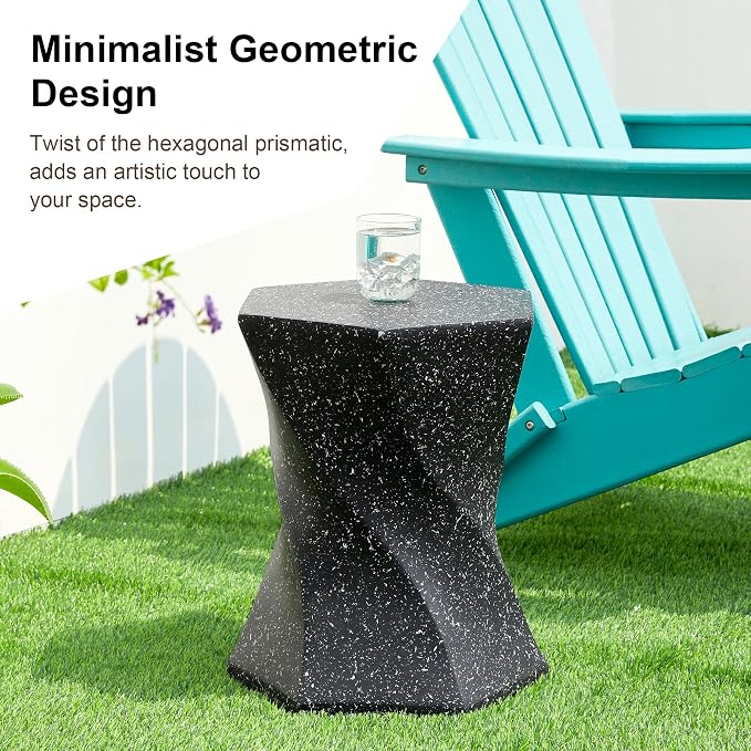 Glitzhome Outdoor Side Table, 17.75" H Decorative Garden Stool MGO Twist Faux Terrazzo End Table, Round Planter Stand for Indoor Outdoor Living Room Bedroom Patio Deck Poolside, Black