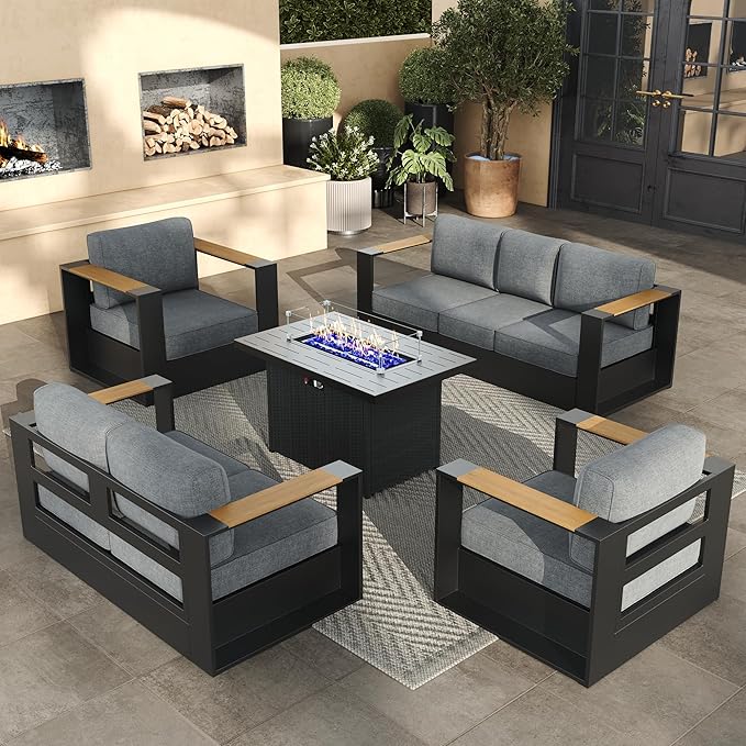 Aluminum Patio Furniture Set, 7 Seats Luxury Seating Furniture with 44" Fire Pit Table, All Weather Outdoor Conversation Sets with 6" Thickened Cushions