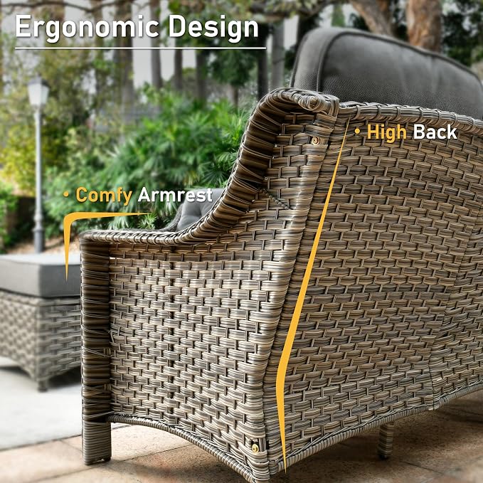 HOOOWOOO 6 Piece Patio Furniture Conversation Sets with Swivel Rocking Chairs,Outdoor Wicker Furniture with Ottoman,All Weather Resistant High Back Rattan Conversational Set(Dark Grey Gray)