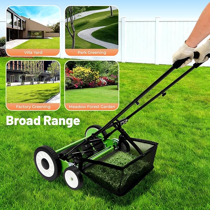 Manual Reel Lawn Mower, 16-Inch Cordless Reel Lawn Mower, Reel Lawnmower with Adjustable Height, Handle & 5-Blade for Villa Yards Park Greening Factory Greening