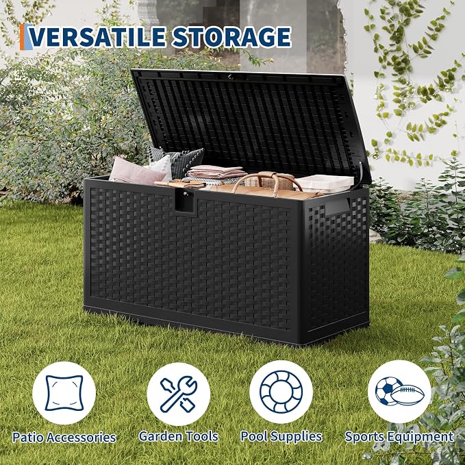 Outdoor Resin Deck Box, 73 Gallon Waterproof Storage Box Lockable, Outside Storage Box Container for Patio Furniture Cushions, Garden Pool Tools and Accessories, Black