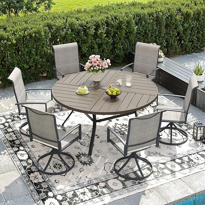 DIFY 7 Piece Outdoor Dining Set, Metal Patio Table and Chairs Set, 50" Grey Wood-Like Round Dining Table & 6 Grey Padded Textilene Swivel Patio Chairs, Outdoor Furniture Set for Garden Backyard