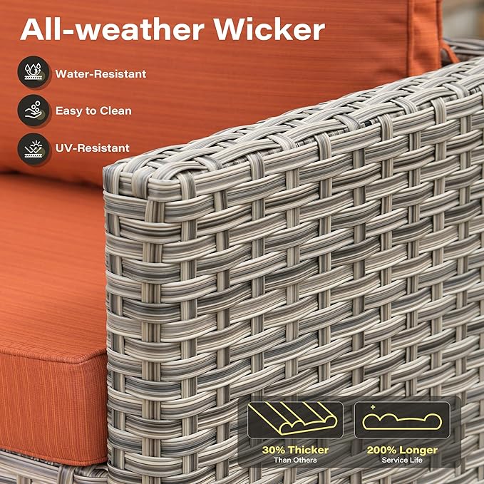 9 Pieces Outdoor Sectional Patio Furniture Set with 42" Fire Pit,Conversation Sets Rattan Wicker L Shaped Couch Swivel Rocking Chairs,Modular Outdoor Sofa for Porch Balcony Backyard Orange