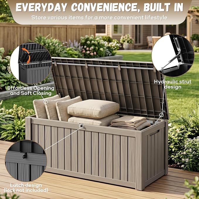 EasyUp 150 Gallon Deck Box Large Deck Box for Indoor and Outdoor,Waterproof Storage Boxs for Patio Furniture,Garden Tools,Cushions, Lockable and UV Resistant,Easy to Install(Grey)