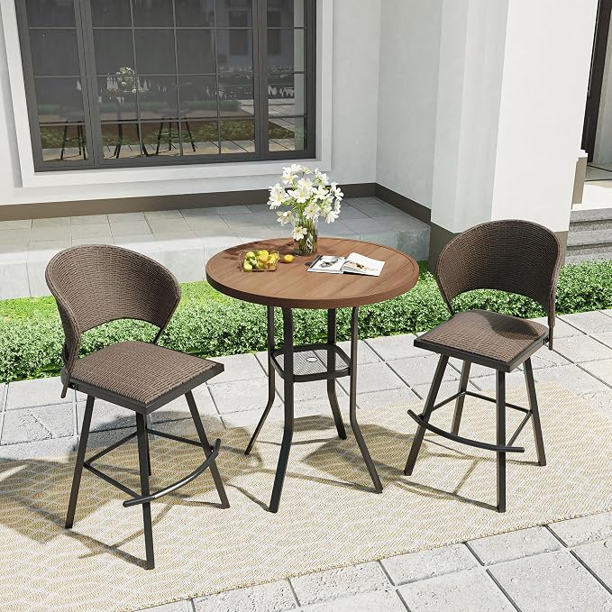 VICLLAX Outdoor Bar Table, 35.4" Wide Round Patio Bar-Height Table Weather Resistant Metal Slatted Tabletop with Umbrella Hole for Front Porch Deck, Backyard, Walnut