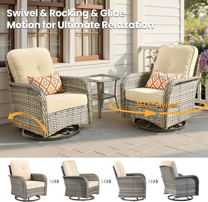 Weaxty Wicker Patio Furniture Set with Swivel Rocker Chairs Outdoor Loveseat Sofa and Rattan Coffee Table, 5 Pieces Outdoor Conversation Sets for Patio Porch Deck Backyard Poolside, Black