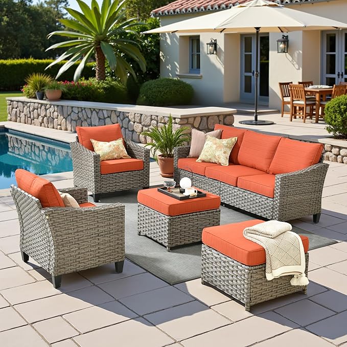 5 Pcs Patio Conversation Set for 7 Seats, Rattan Wicker Outdoor Patio Furniture Set, 2 x Single Chair, 2 x Ottoman, 3-Seat Sofa for Lawn Garden Backyard(Red)