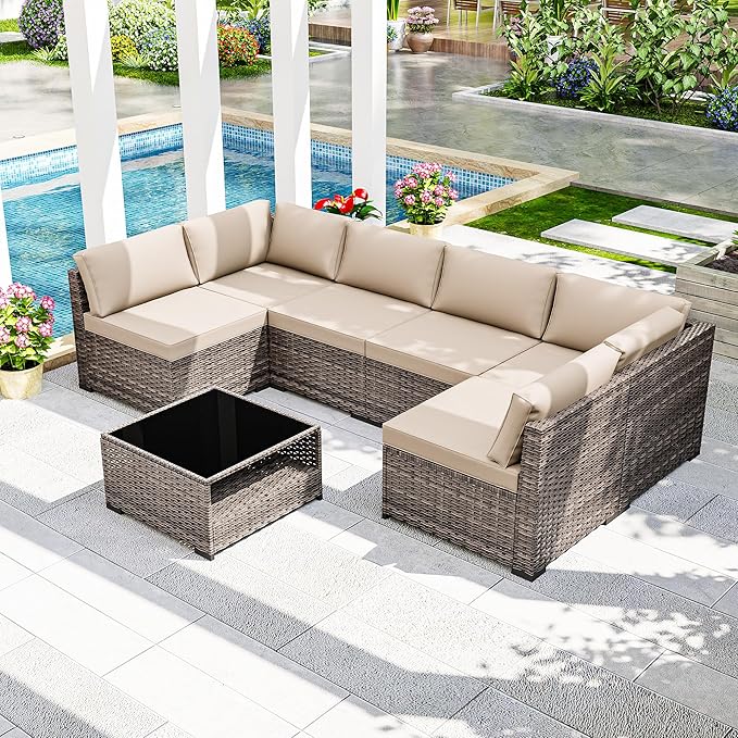 Joyside 7-Piece Patio Furniture Set, Rattan Outdoor Sectional Wicker Patio Conversation Set with Cushions and Coffee Table