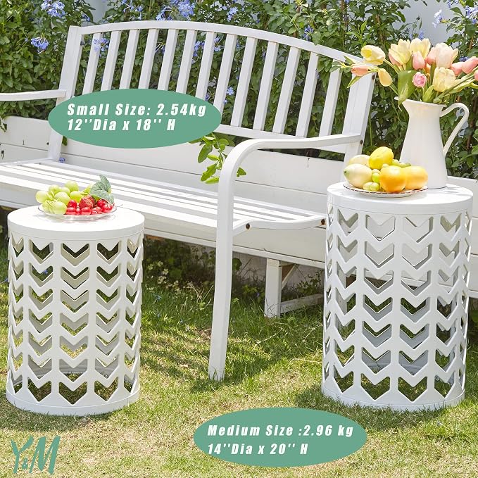 Y&M Outdoor Side Tables Set of 3, Nesting Patio Side End Tables for Outside, Round Heavy Duty Metal Stacking Accent Tables for Patio Balcony Garden Indoor, White