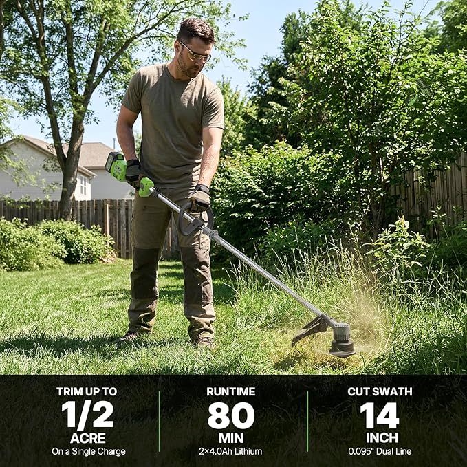 WORKIT Brushless String Trimmer 14"- 20V Cordless Weed Wacker with 2×4.0Ah Batteries, 0.095" Dual Line Auto Feed, Lightweight Battery Powered Weed Eater for Yard,Lawn & Garden
