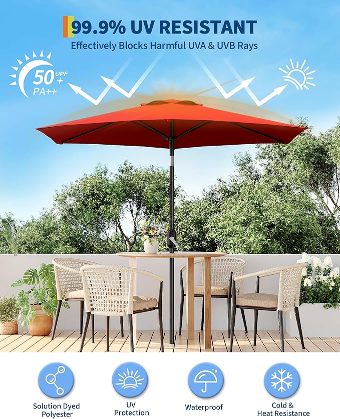 GarveeLife Outdoor Patio Umbrella, Table Market Umbrella with Push Button Tilt and Crank, 8 Sturdy Ribs UV Protection Waterproof for Garden, Deck, Backyard, Pool