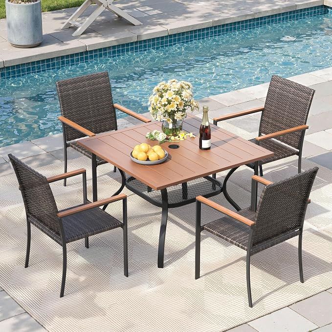Patio Dining Set for 4, 37.8" Square Metal Table with Umbrella Hole and Stackable Wicker Patio Chairs, Outdoor Furniture Set for Deck Backyard Garden, Walnut Chairs, Walnut Table