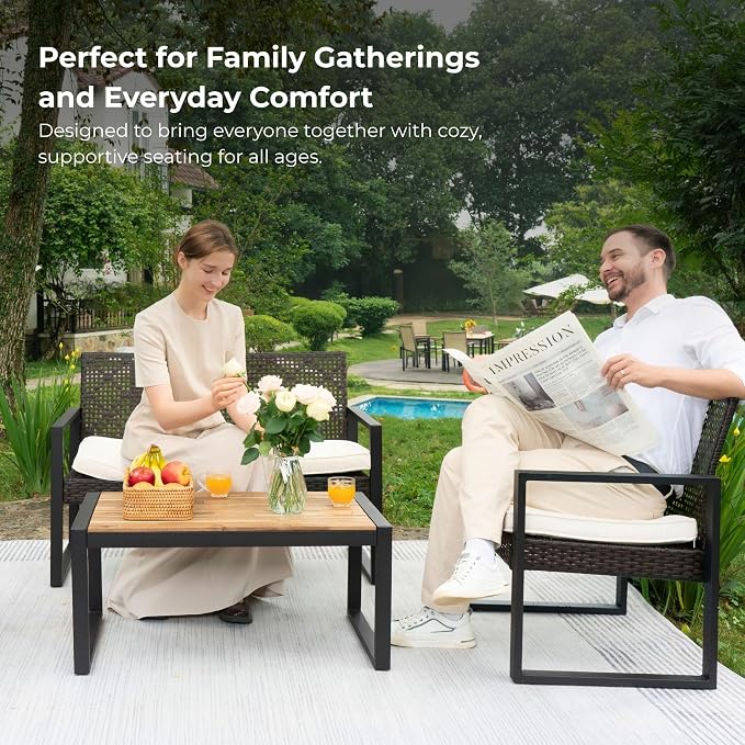 4 Pieces Patio Furniture Set Outdoor Furniture Set with Table, Wicker Patio Conversation Sets with Soft Cushion with 1 Spacious Souble Chair and 2 Single Chairs for Home, Garden, Lawn (Brown)