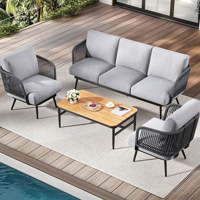 Patio Furniture Set, 5-Seat Outdoor Sofa Furniture Deep Seating with Coffee Table, Metal Patio Conversation Sets with Waterproof & Extra-Thick Cushions for Garden, Poolside, Backyard