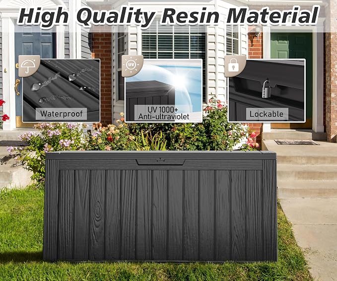 Outdoor Storage Box, Resin Deck Boxes Indoor and outdoor, Waterproof Storage Box Lockable Lid (Black, 75 Gallon)