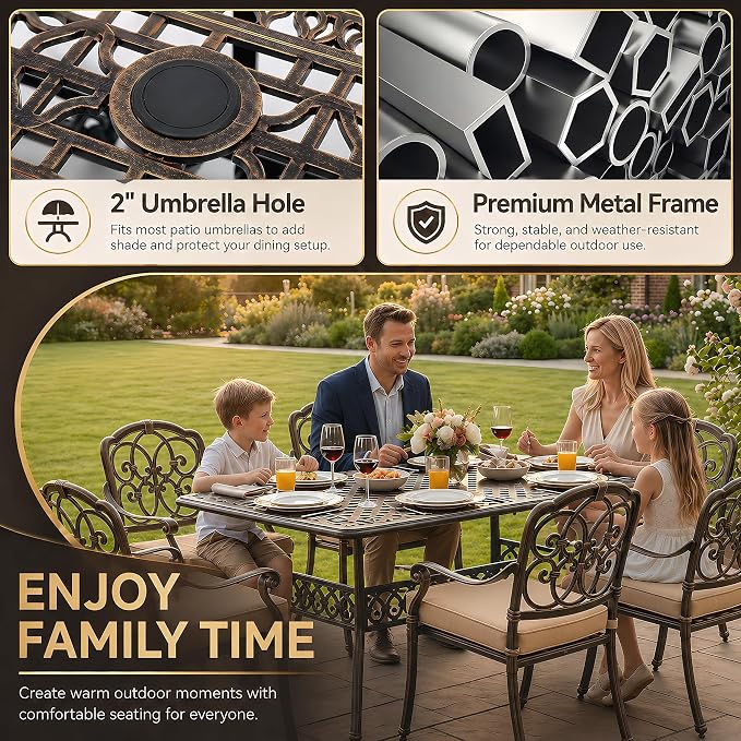 7 Piece Outdoor Dining Set Cast Aluminum, Retro Patio Dining Set for 6 Includes 59” Rectangular Table with Thicker Cushions and Umbrella Hole for Patio Deck Garden Porch