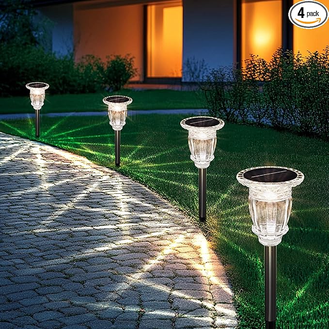 Solar Pathway Lights Outdoor 4 Pack, Warm White Solar Garden Lights, 17.5" IP65 Waterproof Glass Stainless Steel Tungsten Solar Powered Landscape Lights for Yard Walkway Driveway Patio Lawn Flower Bed