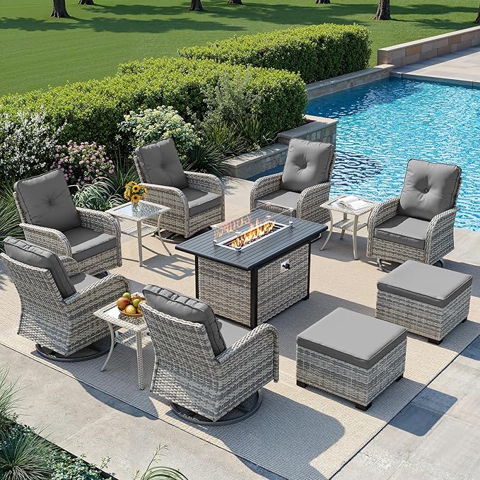 12-Piece Small Patio Furniture Set, Outdoor Swivel Rocking Chairs Set with 55,000 BTU Fire Pit Table Wicker Chairs and Ottomans, Patio Bistro Set for Balcony, Deck, Porch, Grey