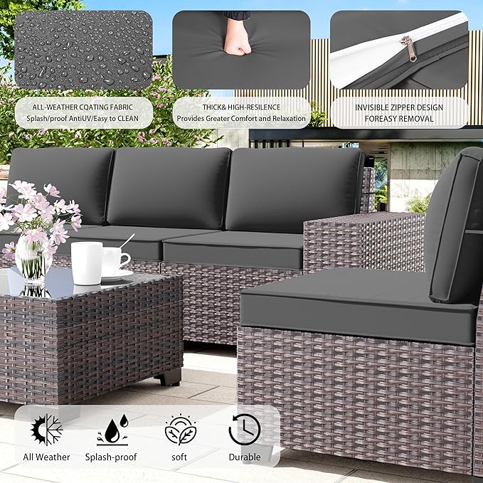 12 PCS Outdoor Patio Furniture Set,Outdoor Sectional Furniture All Weather PE Rattan Wicker Patio Conversation Set with 2 Coffee Tables and 10 Thickened Cushions,Grey